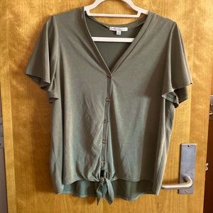 olive green blouse with tie in front